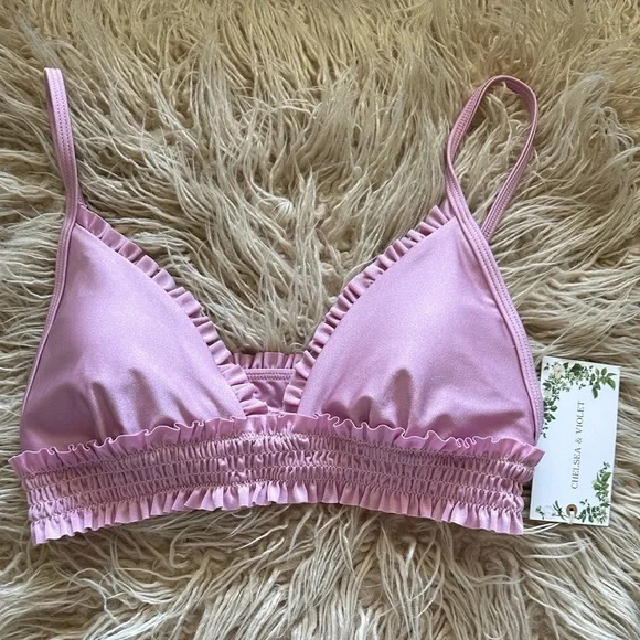 Chealsea and Violet Solid Smocked Bikini TOP ONLY new with tags M mauve mist - Picture 3 of 9